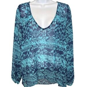 Eight Sixty Womens Teal Navy Geometric Sheer Chiffon Blouse Est Size L/XL‎ Flowy